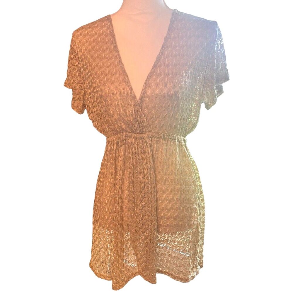 Blue Island Womens Cover Up LARGE Gold Short Sleeve Open Knit Pool Beach Resort